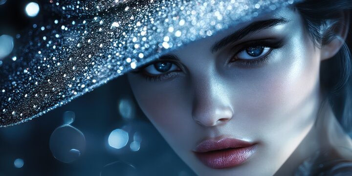 Closeup woman face ice crystal hat portrait