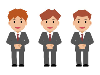 手を前で重ね、笑顔のグレースーツの若い男性