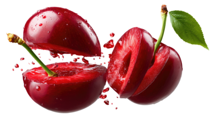 Juicy Cherry: A macro shot of a fresh, ripe cherry, split open to reveal its vibrant red flesh and glistening juices, showcasing the raw beauty of nature's candy.