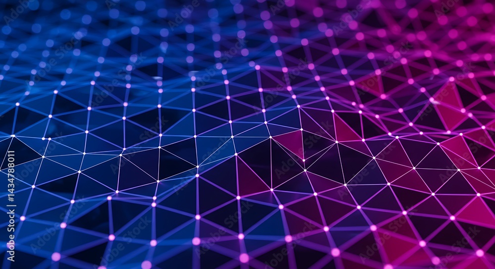 Poster abstract network connection with triangles and dots in blue and pink