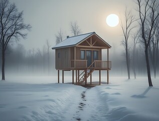 Lonely wooden cabin in a snowy winter landscape, surrounded by bare trees under a foggy sky with the sun faintly shining through the mist, evoking solitude and calm
