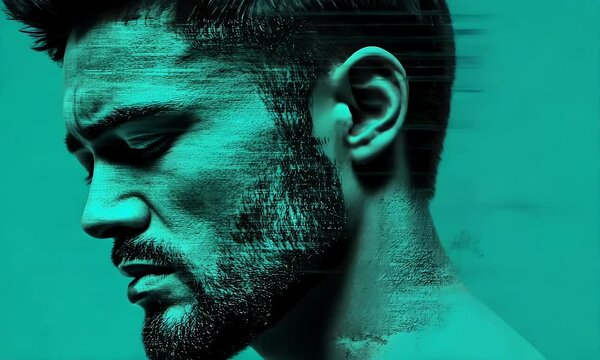 Teal portrait of a man with textured beard