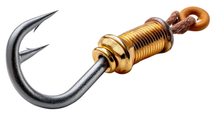 Fishing Hook with Swivel: Close-up of a sharp fishing hook attached to a swivel, showcasing intricate details of the metallic components and the connection mechanism.