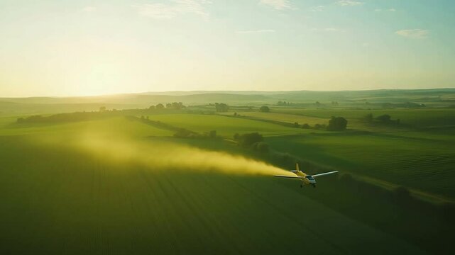 Aerial View of Crop Duster Airplane Spraying Field at Sunrise