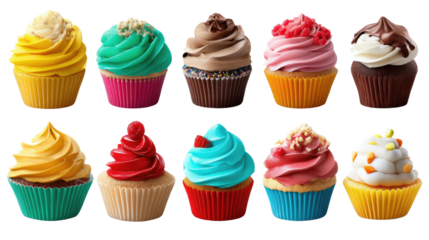 Delicious Cupcake Array: A delightful assortment of freshly baked cupcakes, each adorned with a swirl of colorful frosting and tempting toppings. This image is a feast for the eyes.