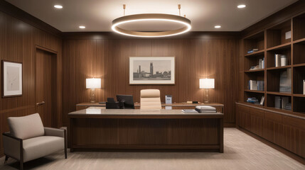 Modern executive office featuring a sleek desk, elegant decor, and warm lighting, conveying professionalism and sophistication