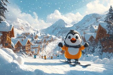 Happy penguin skiing in snowy alpine village