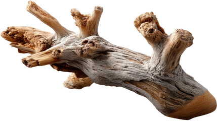 Obraz premium Driftwood Sculpture: A piece of driftwood with a unique, organic shape and texture, showing signs of weathering and age. The wood is light beige and brown with a rustic appeal.