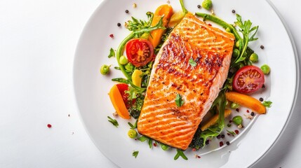 Grilled salmon fillet with assorted vegetables.