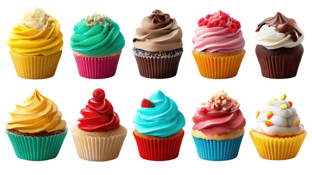 Delicious Cupcake Array: A delightful assortment of freshly baked cupcakes, each adorned with a swirl of colorful frosting and tempting toppings. This image is a feast for the eyes.