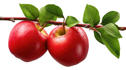 Fresh Red Apples on Branch: Two vibrant red apples, glistening with dew drops, hang from a branch, showcasing the bounty of nature. They are surrounded by lush green leaves.