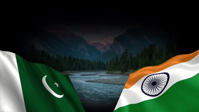 Tense Relations between Pakistan and India. both countries Bharat and Pak flags waving war concept. Now both countries have economic tariff trade battles and patriotic conflicts