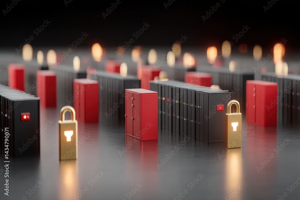 Poster abstract representation of locked containers with glowing lights.