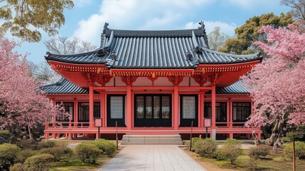 Fototapeta premium Elegant traditional temple facade with vibrant pink structure.