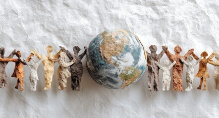 Diverse Figurines Holding Hands Around A Globe On A Beige Background