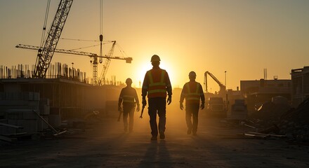 Silhouette of construction workers walking at sunset on building ground site