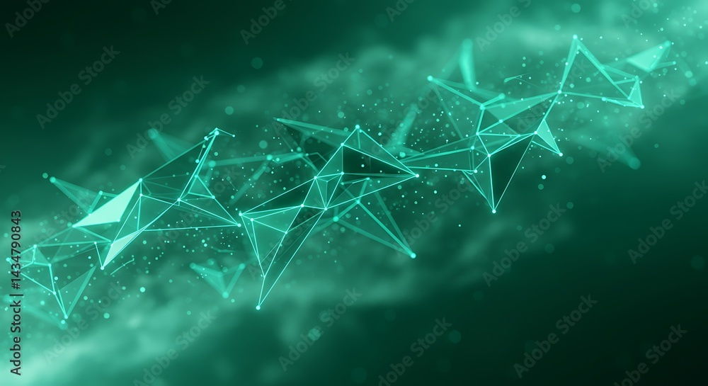 Poster geometric network structure with green glowing lines and particle effects