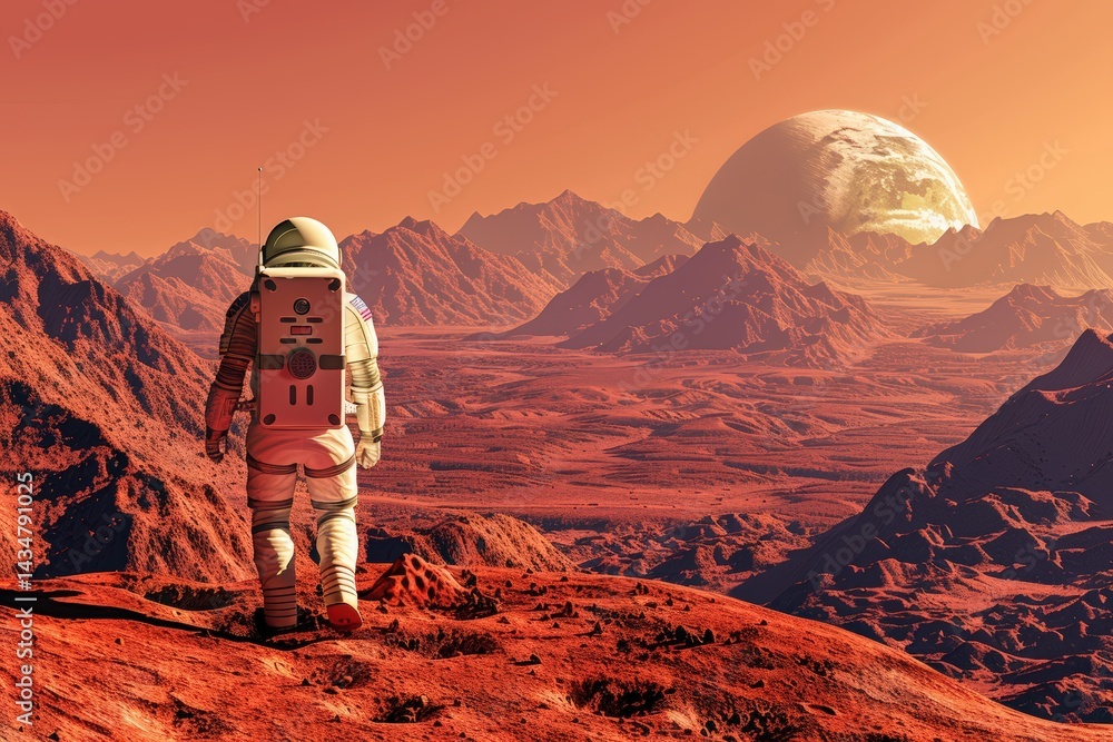 Poster astronaut exploring a surreal alien landscape with a distant planet.