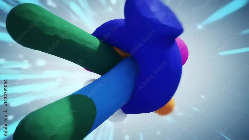 Poster abstract pictorial composition of colorful shapes intertwined in a dynamic tangle, featuring vivid t