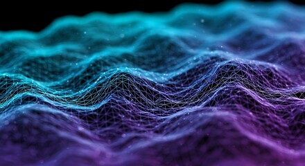 Abstract Wavy Network with Teal and Purple Gradient Against Black Background