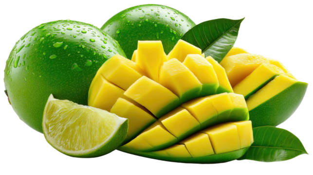 Mango and Lime: Juicy ripe mango cut into cubes alongside whole limes and lime wedges, showcasing vibrant colors and freshness.