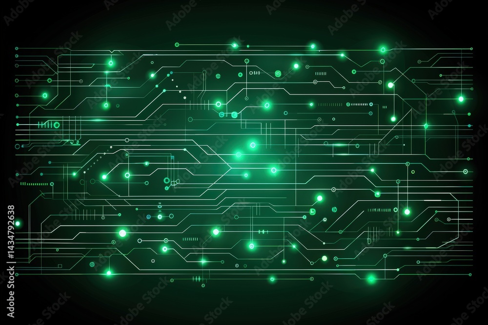 Poster circuit board design with glowing elements on a dark background.