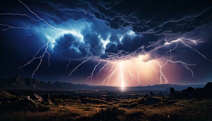 雷が落ちる大地、荒れた空と稲妻、壮大な雷雲の風景、雷と自然のコントラスト、幻想的な雷嵐、草原に響く稲妻、ドラマチックな空模様、光と闇の交錯する空、自然の怒りを描いたアート、嵐の夜の風景画  
