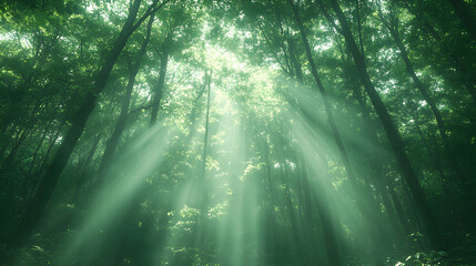 Naklejka premium Mystical sunbeams pierce through a dense, verdant forest, creating an ethereal and tranquil atmosphere. Perfect for nature, serenity, and peace themes.