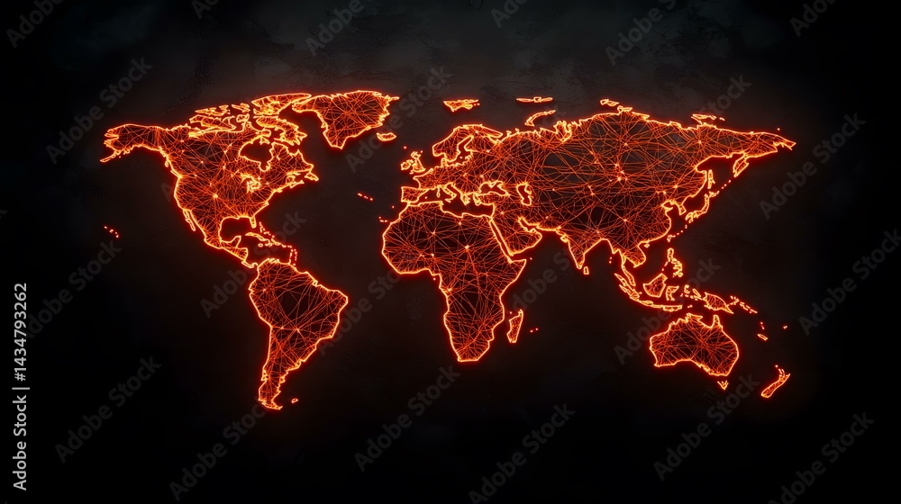 Poster the image contains an orange glowing world map on a dark background. the map is depicted as a networ