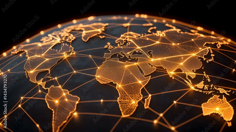 Poster a dark, stylized depiction of the world map, illuminated by glowing nodes and connecting lines, repr