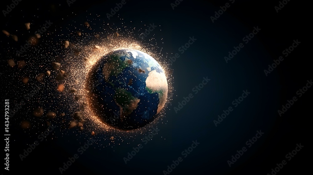 Poster the image shows a digital rendering of planet earth, partially obscured by a glowing trail of debris