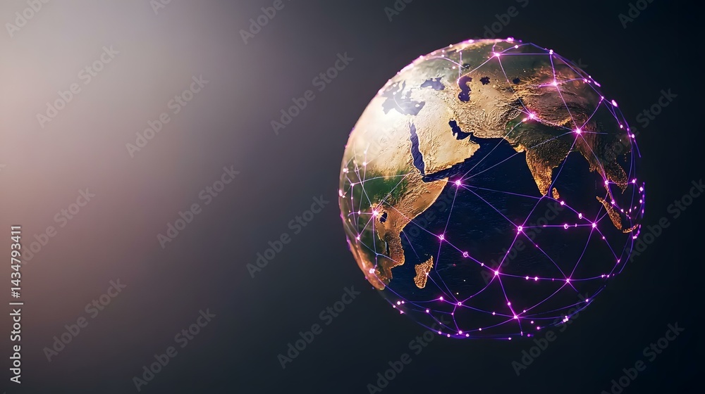 Poster the image shows a 3d model of planet earth, with a network of glowing purple lines connecting variou