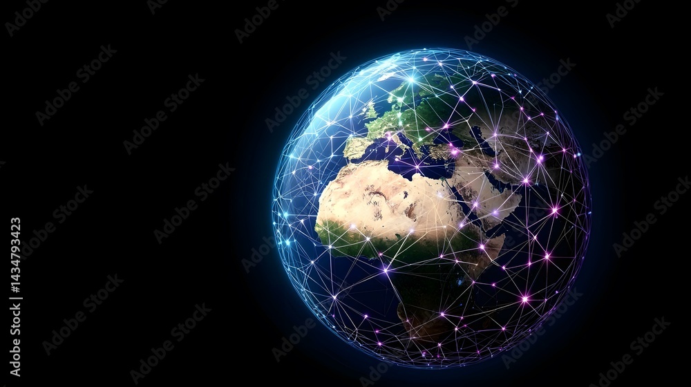 Aufkleber the image shows a digital rendering of planet earth enveloped in a network of interconnected lines a