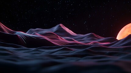 A stylized, dark landscape featuring glowing pink and blue lines traversing undulating hills under a night sky dotted with stars and a large, orange celestial body.