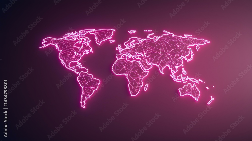 Poster the image contains a neon pink outline of a world map, rendered in a low-poly style with connecting 