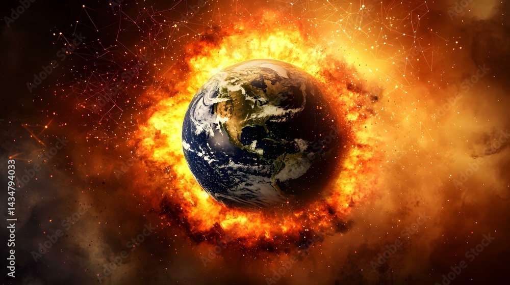 Poster the image shows a digital rendering of planet earth engulfed in a fiery ring of intense flames and s