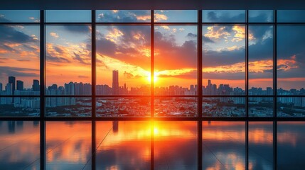Fototapeta premium Dramatic sunset view of a city skyline through large windows.