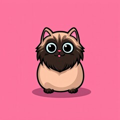 Cartoon cat with blue eyes and fluffy fur on pink background