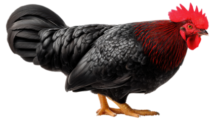 Majestic Rooster in Profile: A striking, full-body shot of a vibrantly colored rooster, showcasing its proud stance, rich plumage, and commanding presence.