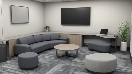 Modern Office Lounge Area with Comfortable Seating and Minimalist Design Elements