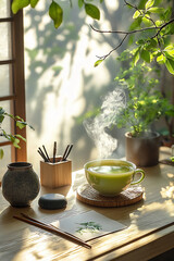 sunlit desk with green tea and calligraphy set,