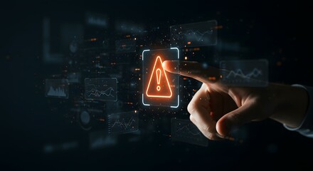 Digital Warning Activation: Hand Touching Exclamation Point Icon