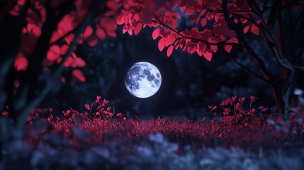 Enchanted night scene with vibrant foliage and full moon shining brightly in a mystical forest landscape