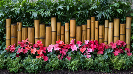 Vibrant pink and red flowers blooming beautifully in front of a rustic bamboo fence, creating a serene and exotic garden scene.