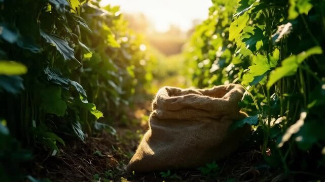 Burlap Sack Resting Between Rows of Vibrant Green Crops