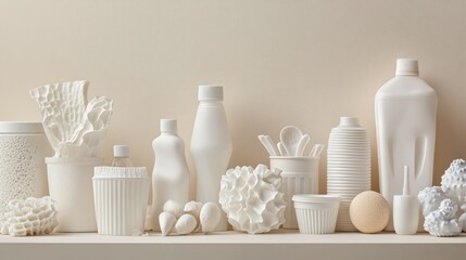 A pristine monochromatic display of everyday white objects arranged in soft light