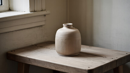 Serene beige ceramic vase minimalist home decor rustic wooden table soft light