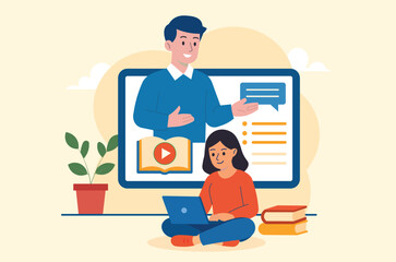 Modern online education. engaging online learning. Woman using a laptop for e-learning with a virtual instructor and educational resources. Digital Online  education and  remote learning concept.