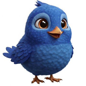 3D Cute Blue Animated Bird with large, expressive eyes, a happy expression, and a light brown beak and feet.
