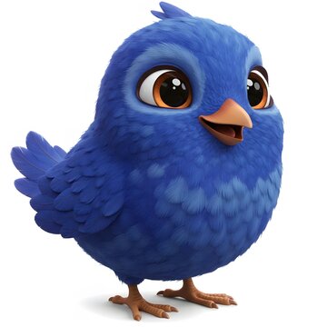 3D Cute Blue Animated Bird with large, expressive eyes, a happy expression, and a light brown beak and feet.
